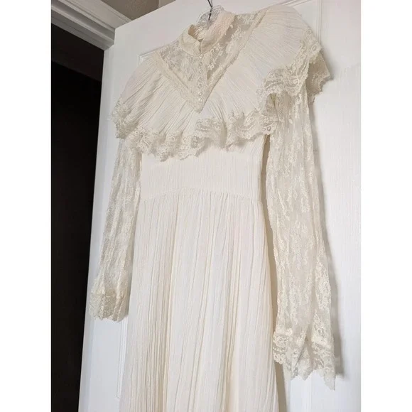 VTG 70s Prairie Maxi Dress Ivory Lace Victorian Revival S Boho Cottagecore Bride - Picture 5 of 16